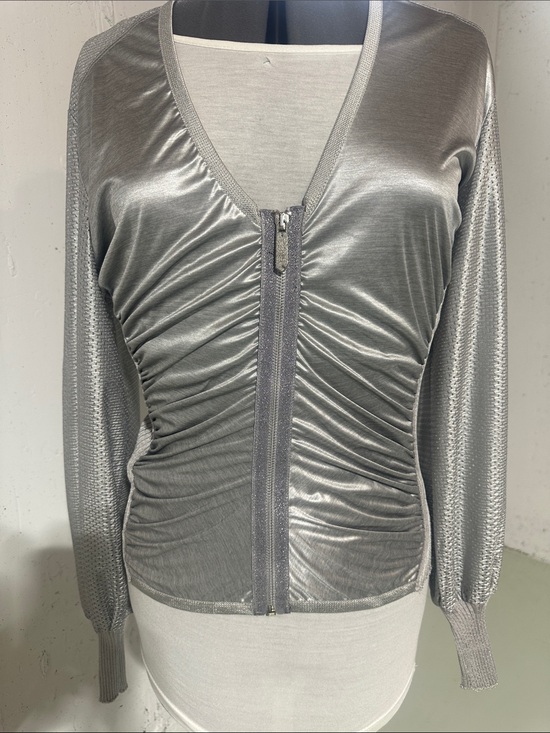 Save The Queen Tops - NWT Save the Queen Silver Ruched Zip-Front light zip up made in Italy couture